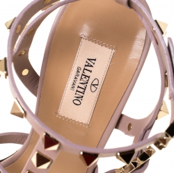 Pre Owned Valentino Beige Leather Rockstud Block Heel Gladiator Sandals Size 38