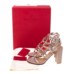 Pre Owned Valentino Beige Leather Rockstud Block Heel Gladiator Sandals Size 38