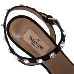 Pre Owned Valentino Black Satin Rockstud Ankle Strap Sandals Size 38.5