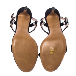 Pre Owned Valentino Black Satin Rockstud Ankle Strap Sandals Size 38.5