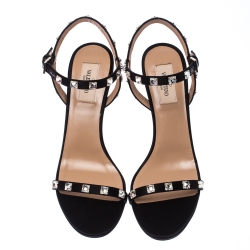Pre Owned Valentino Black Satin Rockstud Ankle Strap Sandals Size 38.5