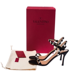 Pre Owned Valentino Black Satin Rockstud Ankle Strap Sandals Size 38.5