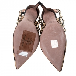 Pre Owned Valentino Beige/Black Leopard Print Calf Hair Rockstud Sandals Size 38