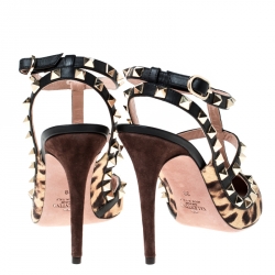 Pre Owned Valentino Beige/Black Leopard Print Calf Hair Rockstud Sandals Size 38