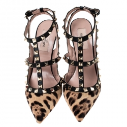 Pre Owned Valentino Beige/Black Leopard Print Calf Hair Rockstud Sandals Size 38