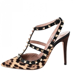 Pre Owned Valentino Beige/Black Leopard Print Calf Hair Rockstud Sandals Size 38
