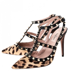 Pre Owned Valentino Beige/Black Leopard Print Calf Hair Rockstud Sandals Size 38