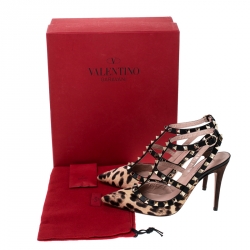 Pre Owned Valentino Beige/Black Leopard Print Calf Hair Rockstud Sandals Size 38