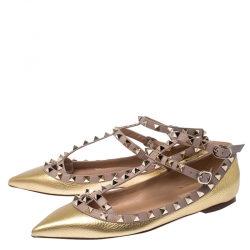 Pre Owned Valentino Gold Leather Rockstud Ankle Strap Ballet Flats Size 37 