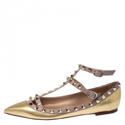 Pre Owned Valentino Gold Leather Rockstud Ankle Strap Ballet Flats Size 37 