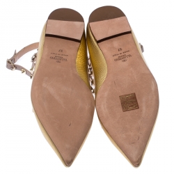 Pre Owned Valentino Gold Leather Rockstud Ankle Strap Ballet Flats Size 37 