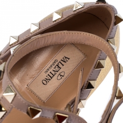 Pre Owned Valentino Gold Leather Rockstud Ankle Strap Ballet Flats Size 37 