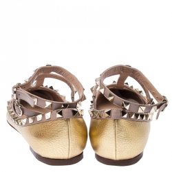 Pre Owned Valentino Gold Leather Rockstud Ankle Strap Ballet Flats Size 37 