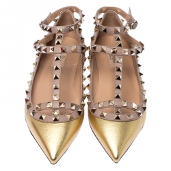 Pre Owned Valentino Gold Leather Rockstud Ankle Strap Ballet Flats Size 37 