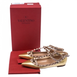 Pre Owned Valentino Gold Leather Rockstud Ankle Strap Ballet Flats Size 37 