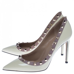 Pre Owned Valentino White Patent Leather Rockstud Pointed Toe Pumps Size 38