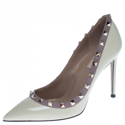 Pre Owned Valentino White Patent Leather Rockstud Pointed Toe Pumps Size 38