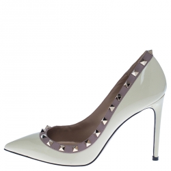 Pre Owned Valentino White Patent Leather Rockstud Pointed Toe Pumps Size 38