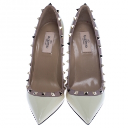 Pre Owned Valentino White Patent Leather Rockstud Pointed Toe Pumps Size 38