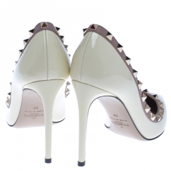 Pre Owned Valentino White Patent Leather Rockstud Pointed Toe Pumps Size 38