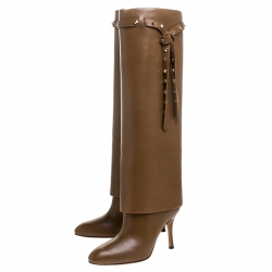 Pre Owned Valentino Brown Leather Rockstud Tie Foldover Knee Length Boots Size 37