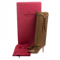 Pre Owned Valentino Brown Leather Rockstud Tie Foldover Knee Length Boots Size 37