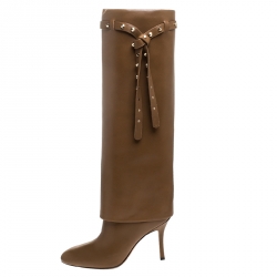 Pre Owned Valentino Brown Leather Rockstud Tie Foldover Knee Length Boots Size 37