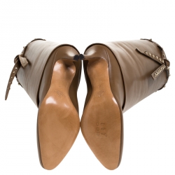 Pre Owned Valentino Brown Leather Rockstud Tie Foldover Knee Length Boots Size 37