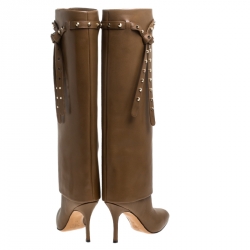 Pre Owned Valentino Brown Leather Rockstud Tie Foldover Knee Length Boots Size 37