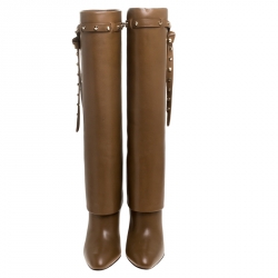 Pre Owned Valentino Brown Leather Rockstud Tie Foldover Knee Length Boots Size 37