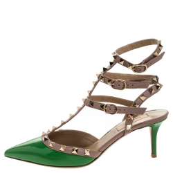 Pre Owned Valentino Green/Beige Patent Leather Rockstud Strappy Pointed Toe Sandals Size 37.5