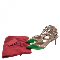 Pre Owned Valentino Green/Beige Patent Leather Rockstud Strappy Pointed Toe Sandals Size 37.5