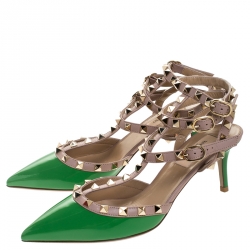 Pre Owned Valentino Green/Beige Patent Leather Rockstud Strappy Pointed Toe Sandals Size 37.5