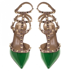 Pre Owned Valentino Green/Beige Patent Leather Rockstud Strappy Pointed Toe Sandals Size 37.5
