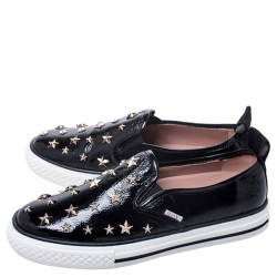 Pre Owned Red Valentino Black Patent Leather Star Embellished Slip On Sneakers Size 39