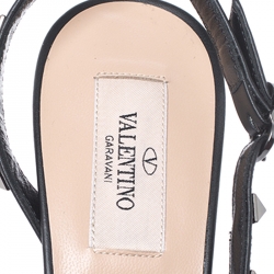 Pre Owned Valentino Black Mesh And Leather Trim Rockstud Slingback Pointed Toe Pumps Size 37