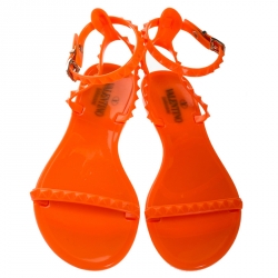 Pre Owned Valentino Orange Jelly Rockstud Ankle Strap Flats Sandals Size 39