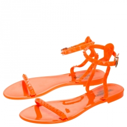 Pre Owned Valentino Orange Jelly Rockstud Ankle Strap Flats Sandals Size 39