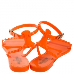 Pre Owned Valentino Orange Jelly Rockstud Ankle Strap Flats Sandals Size 39