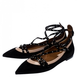 Pre Owned Valentino Black Suede Love Latch Caged Ballet Flats Size 40