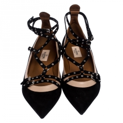 Pre Owned Valentino Black Suede Love Latch Caged Ballet Flats Size 40