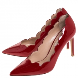 Pre Owned Valentino Red Patent Leather Scalloped Pointed Toe Pumps Size 36