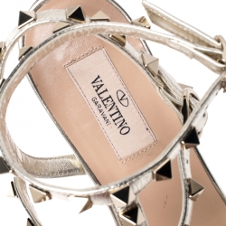 Pre Owned Valentino Metallic Gold Leather Rockstud Cage Flat Sandals Size 37