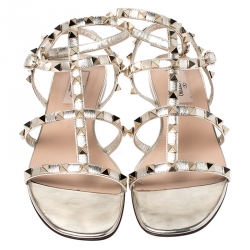 Pre Owned Valentino Metallic Gold Leather Rockstud Cage Flat Sandals Size 37