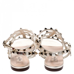 Pre Owned Valentino Metallic Gold Leather Rockstud Cage Flat Sandals Size 37