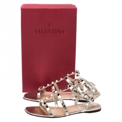Pre Owned Valentino Metallic Gold Leather Rockstud Cage Flat Sandals Size 37