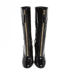 Pre Owned Valentino Black Patent Leather Zip Detail Mid Calf Boots Size 38