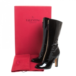 Pre Owned Valentino Black Patent Leather Zip Detail Mid Calf Boots Size 38
