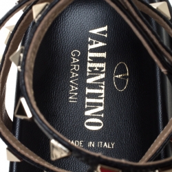 Pre Owned Valentino Black Leather Rockstud Ankle Strap Gladiator Flat Sandals Size 39.5