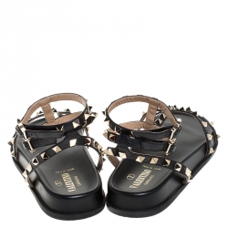 Pre Owned Valentino Black Leather Rockstud Ankle Strap Gladiator Flat Sandals Size 39.5